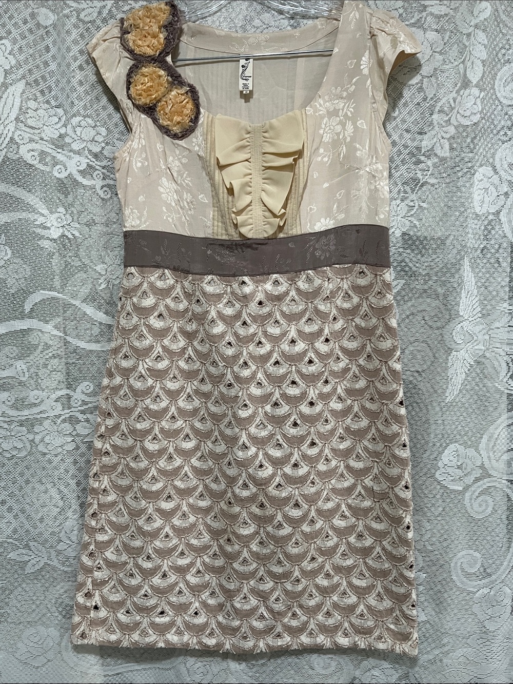 Floreat Cream and Taupe Lace-Overlay Dress with Ruffle Front